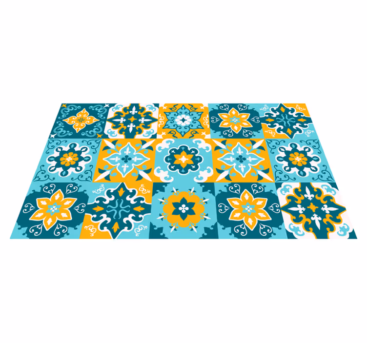 Geometrisch blauw en geel tegel effect vinyl vloerkleed - TenStickers