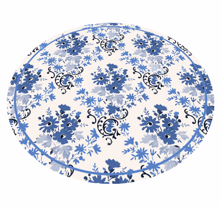 Bloemenblauwe print vinyl tapijt rond - TenStickers
