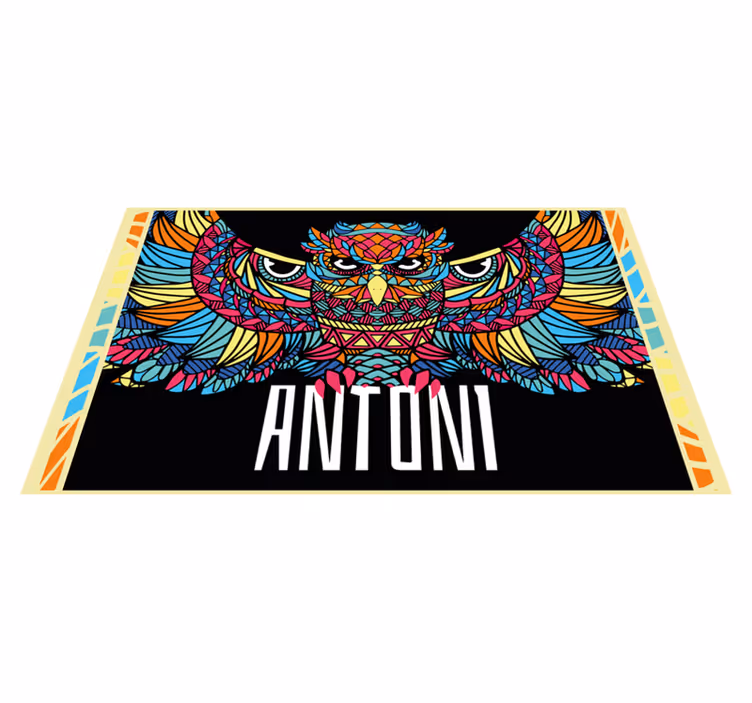 Kleurrijke uilaanpassing vinyl tapijt met naam - TenStickers