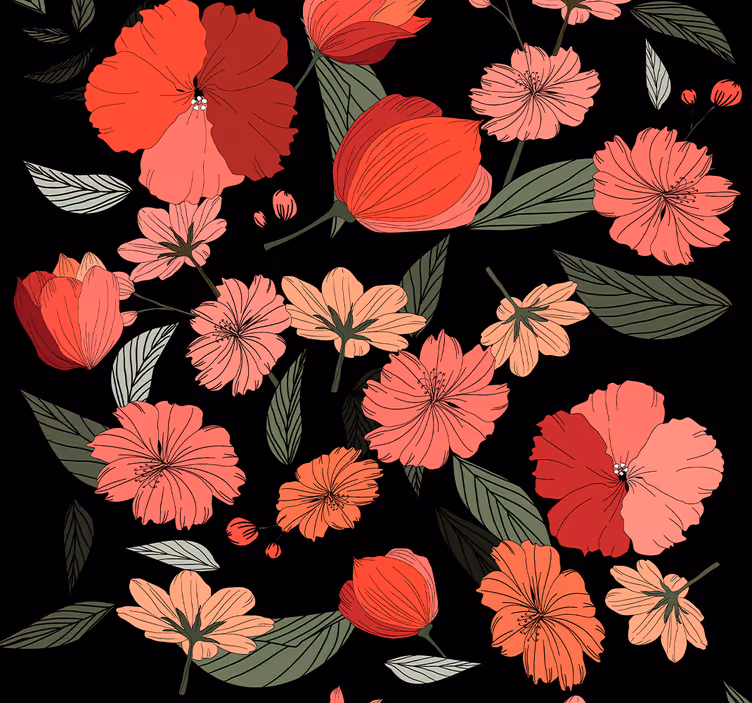 Zwart patroonmotief bloemen behang - TenStickers