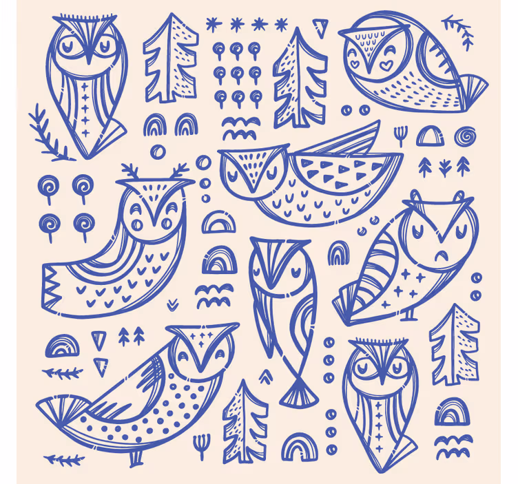 Behang dieren schattige blauwe uil gezicht illustratie - TenStickers