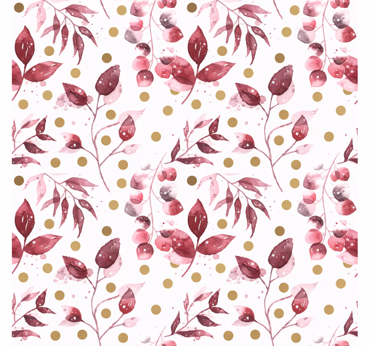 Bloemen behang bordeaux bladeren met gouden stippen - TenStickers