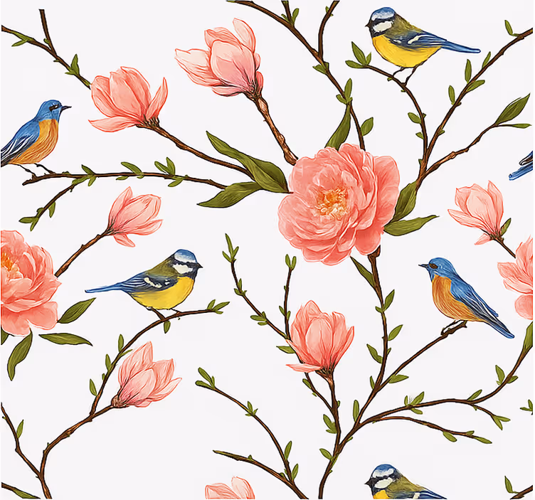 Behang vogels lente zangvogel en pioenroos - TenStickers
