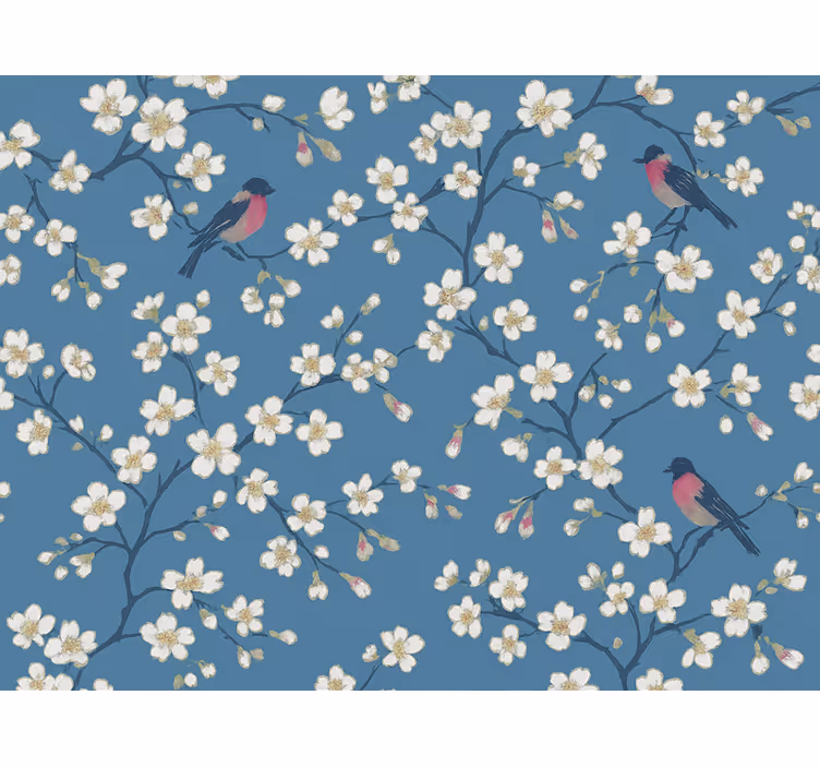 Bloemen behang blauwe orchidee vogels - TenStickers