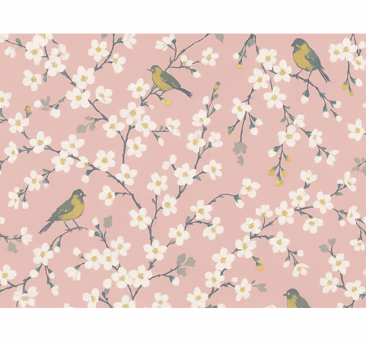 Bloemen behang roze fruitboomvogels - TenStickers