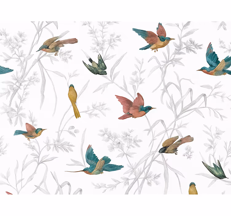 Behang woonkamer textielparadijs vogel en bladpatroon - TenStickers