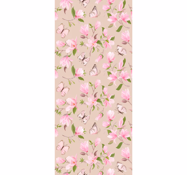 Behang bloemsierkunst roze magnolia en vlinder ontwerp - TenStickers