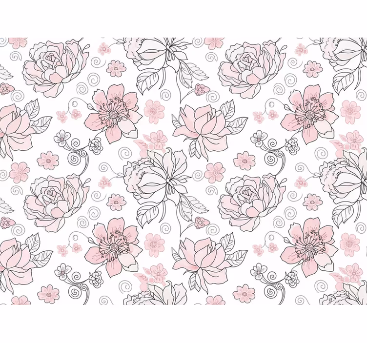 Behang bladeren met bloemenontwerp zwart en roze - TenStickers