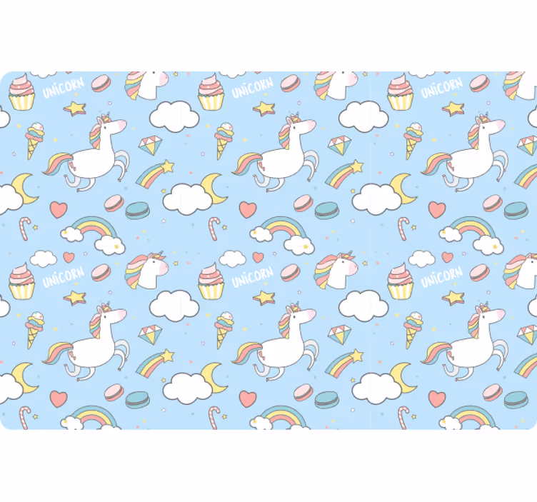 Blauw behang met schattige eenhoorns en regenbogen - TenStickers