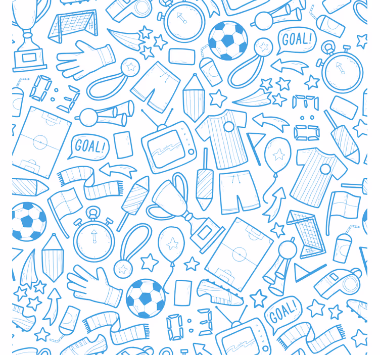Blauw behang voetbal en soccer doodle set illustratie - TenStickers