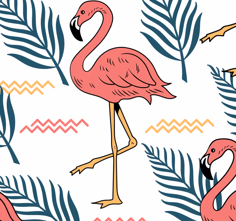 Tropische bladeren met flamingo's dierenbehang - TenStickers
