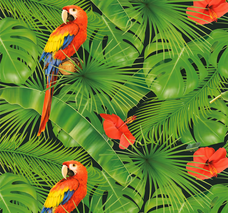 Dierenprint behang Kleurrijke papegaaien op groene leafes - TenStickers