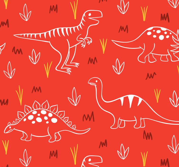 Dierenprint slaapkamer behang Dinosaurussen op rood - TenStickers