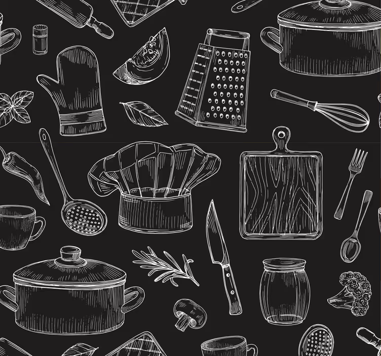 Schetsen van keukengerei behang keuken - TenStickers