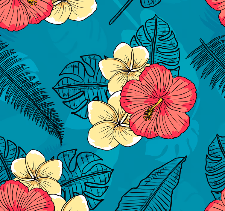 Tropisch hibiscuspatroon bloemen behang - TenStickers