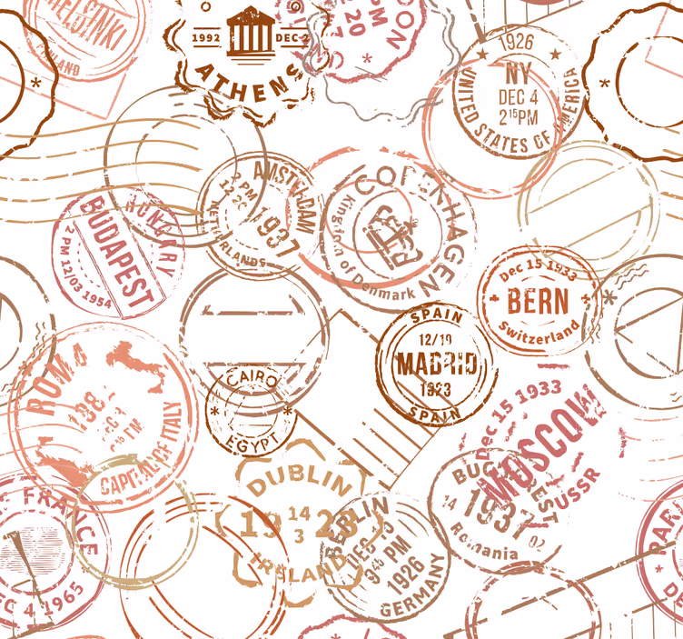 Gestempeld paspoortmotief behangpapier landen en steden - TenStickers