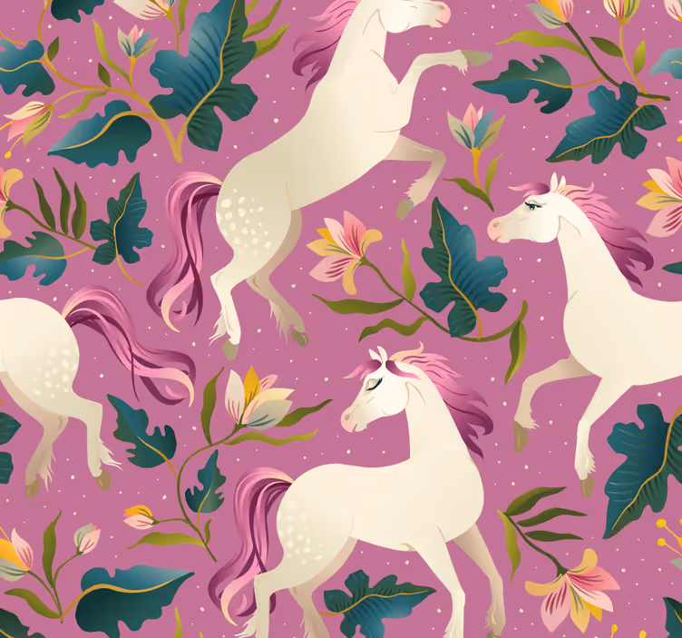 Behang slaapkamer Roze en bloemen paardenontwerp - TenStickers