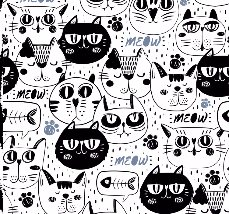 Kinderbehang Zwart-wit kattengezicht patroon - TenStickers