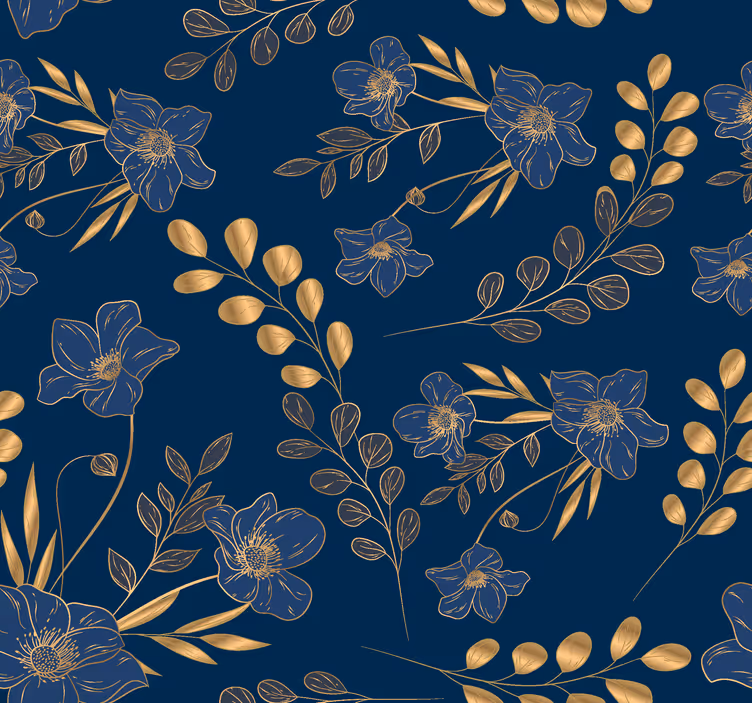 Gouden bloemenpatroon donkerblauw behang - TenStickers
