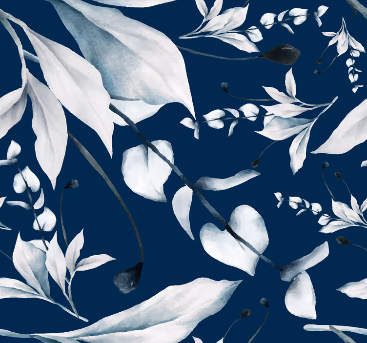 Witte bladeren donkerblauw behang - TenStickers