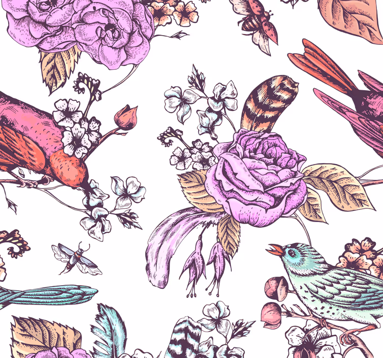 Bloemen vogelontwerp behang  - TenStickers