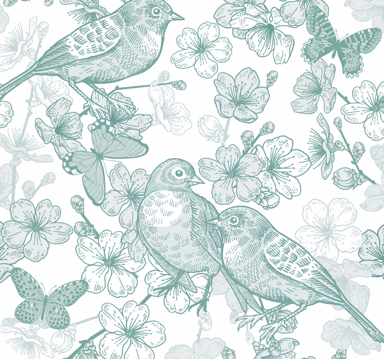 Bloemen vogelmotief behang vogels - TenStickers