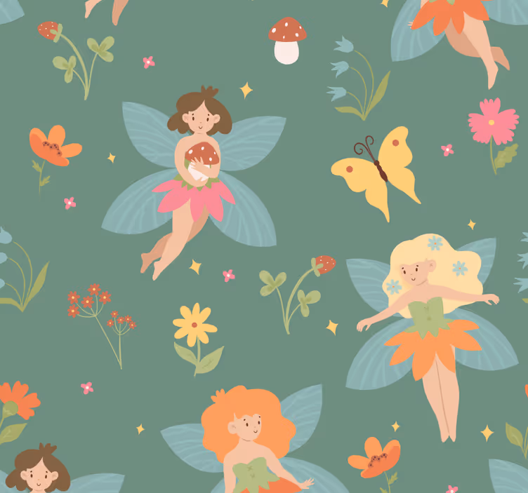 Sprookjesachtig bloemmotief babykamer behang - TenStickers
