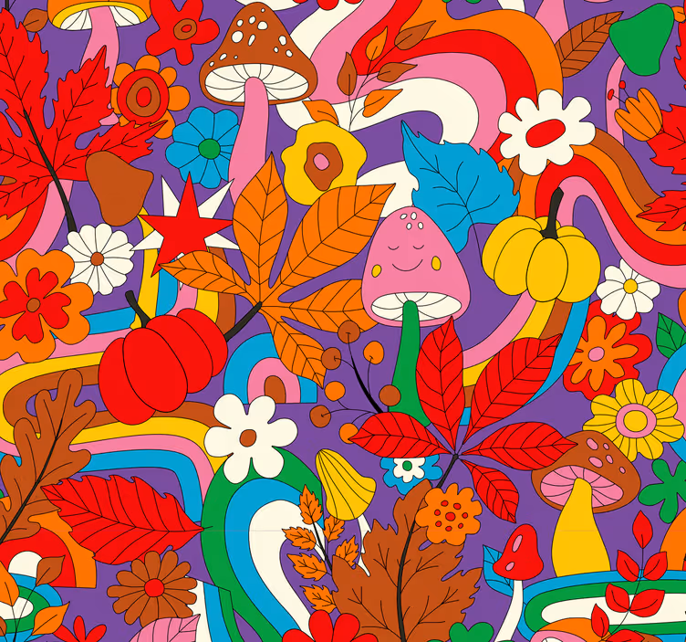 Retro kleurrijk psychedelisch Bloemen behang - TenStickers