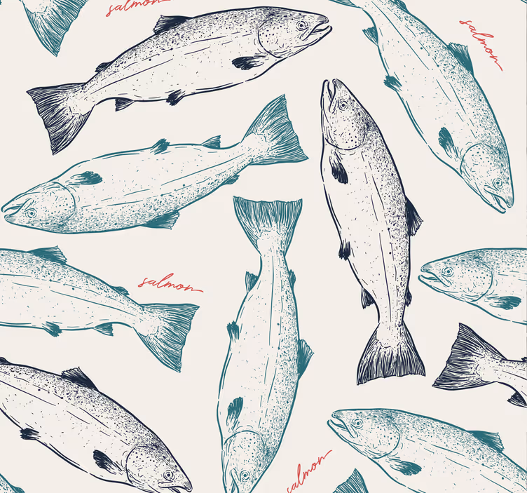 Dierenprint behang Handgetekende zalm vis patroon - TenStickers