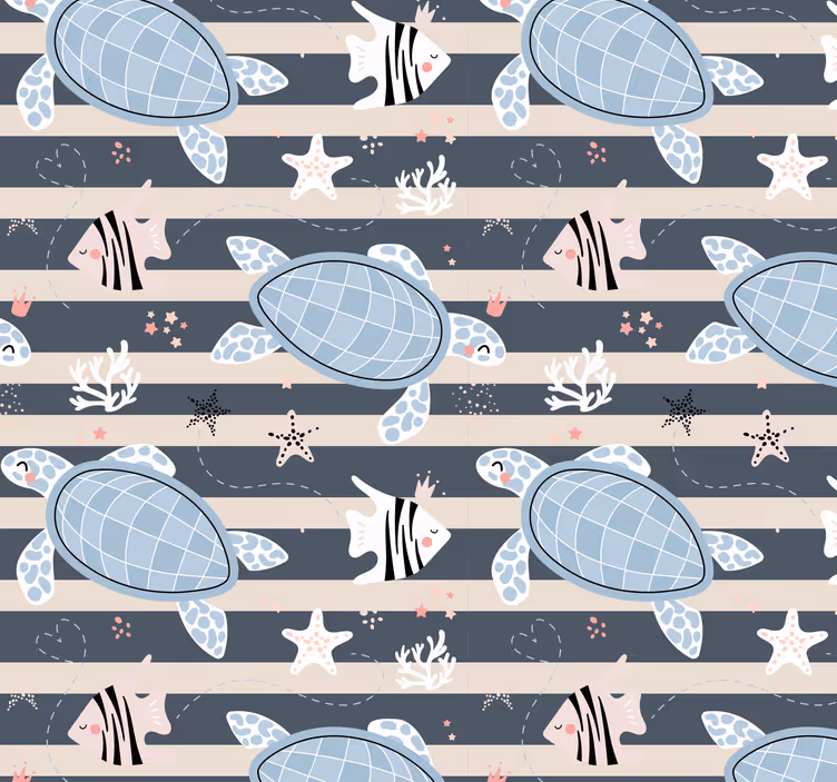 Behang badkamer Schildpadden en strepen nautisch patroon - TenStickers