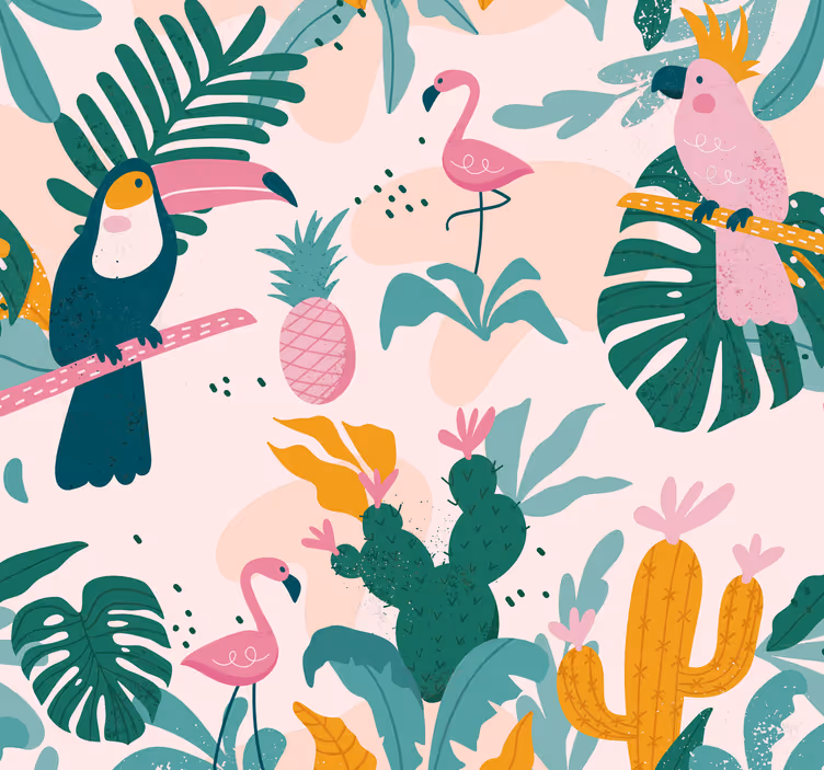Behang slaapkamer Groene vogels en bladeren op roze achtergrond - TenStickers
