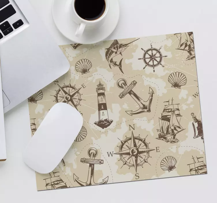 Muismat wereldkaart met nautische kompas elementen - TenStickers