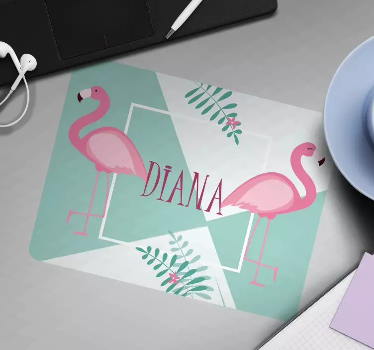 Muismat met naam Schattige flamingo's met bladeren - TenStickers
