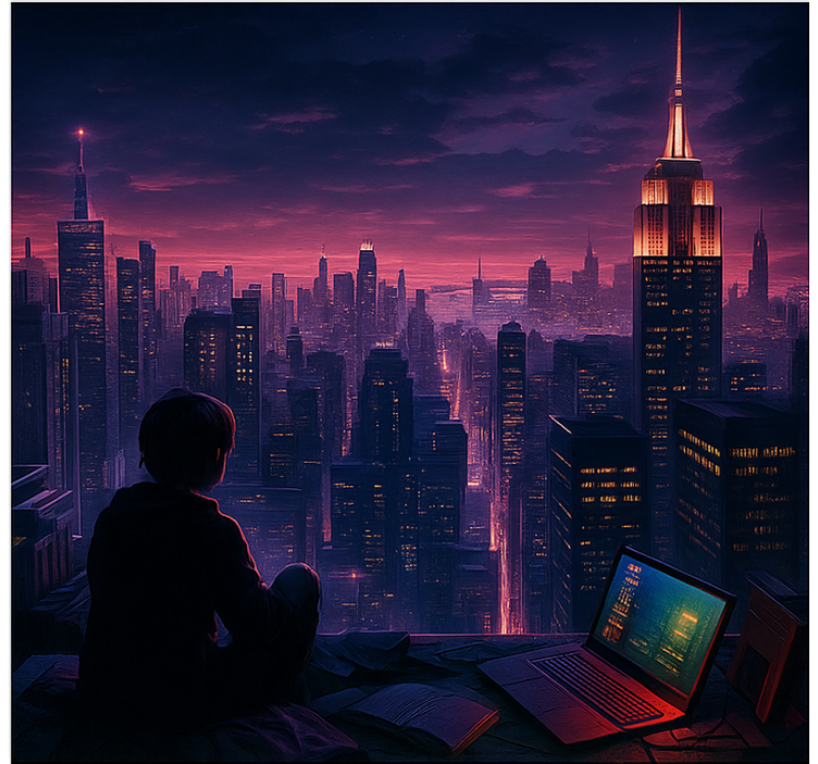 Toekomstige wolkenkrabber gamer perspectief gamer rolgordijn - TenStickers