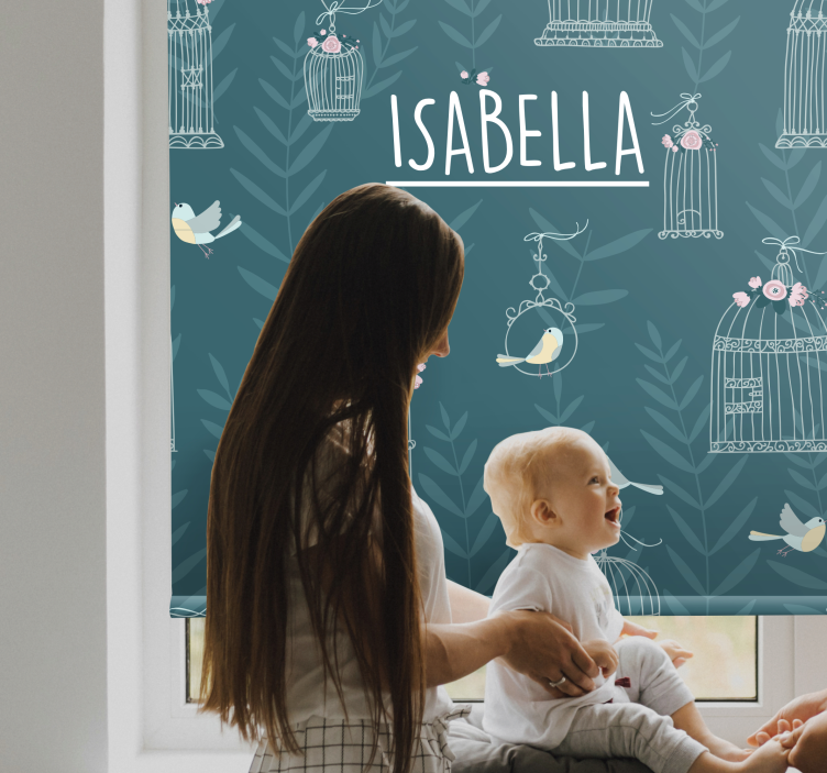 Blauwe vogelkooien met naam kinderkamer rolgordijn - TenStickers