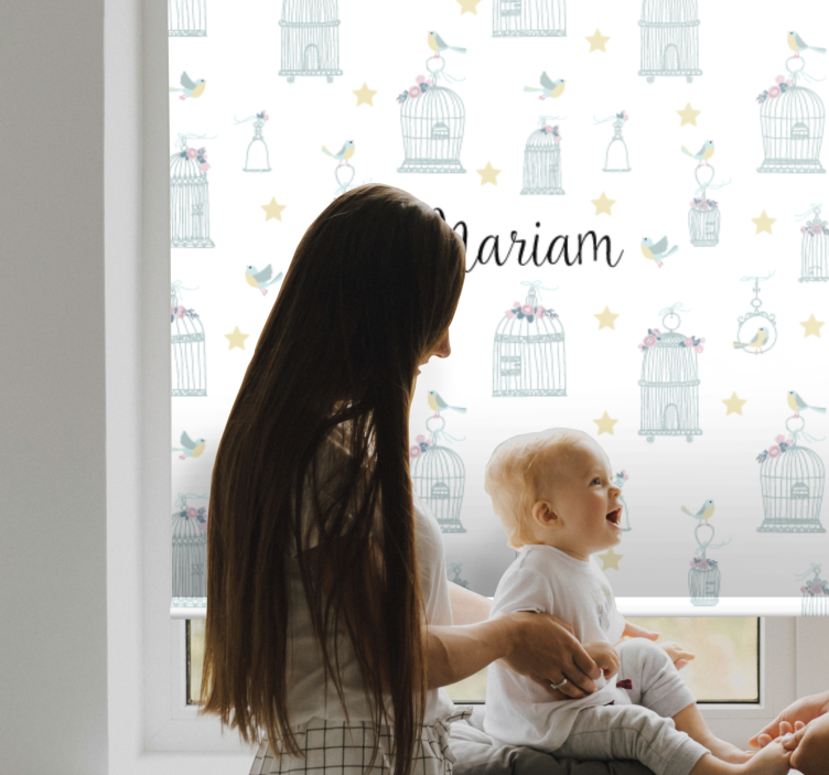 Vogelkooien met naam rolgordijn babykamer - TenStickers