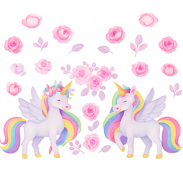 Roze eenhoorn en bloemen kinderkamer rolgordijn - TenStickers