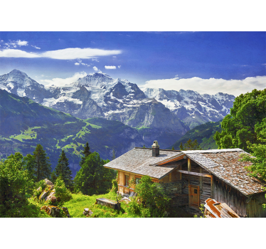 Rolgordijn woonkamer grindelwald sneeuwbergen en groen veld - TenStickers