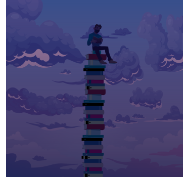 Rolgordijn woonkamer boekentoren illustratie - TenStickers