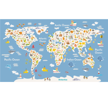 Blauwe en grijze tinten wereldmap rolgordijn - TenStickers