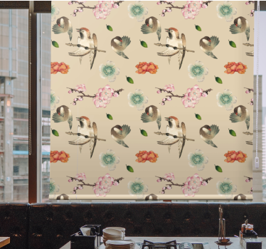 Beige vogelontwerp rolgordijn bloemen en planten - TenStickers