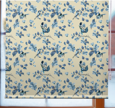 Blauwe vogels en bladeren rolgordijn bloemen en planten - TenStickers