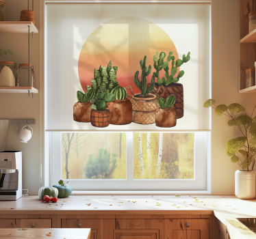 Cactus met zonsondergang in cirkel Rolgordijn keuken - TenStickers
