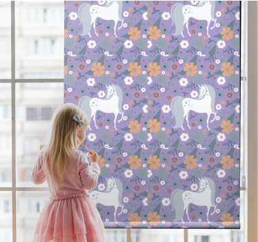 Paarse eenhoorns en bloemen kinderkamer rolgordijn - TenStickers