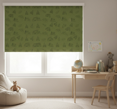 Kinderkamer rolgordijn met groene bergcampingspullen - TenStickers