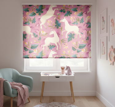 Kinderkamer rolgordijn met roze bloeiende paarden - TenStickers