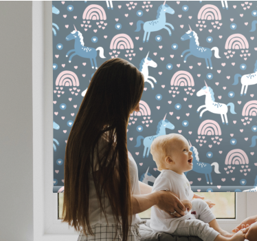 Kinderkamer rolgordijn blauwe eenhoorns en regenbogen - TenStickers