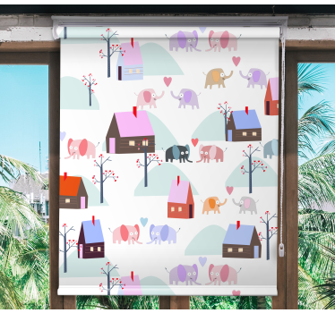Olifanten en huizen kinderkamer rolgordijn - TenStickers
