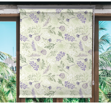 Rolgordijn bloemenprint Paarse bloemen op groene achtergrond - TenStickers