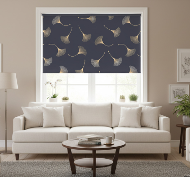 Rolgordijn woonkamer ginkgo blad marineblauw en goud - TenStickers